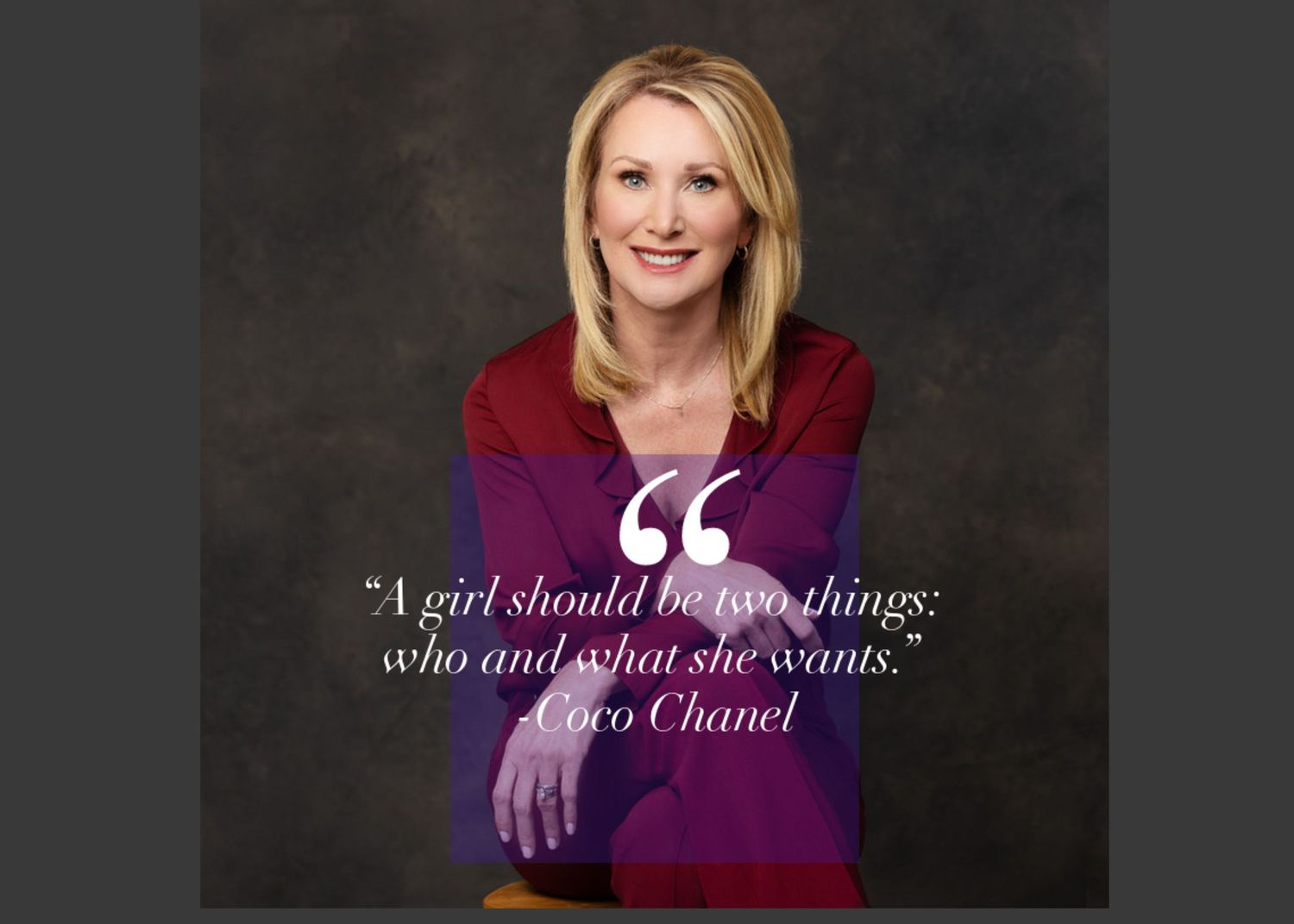 Professional portrait featuring someone in a burgundy blazer with an inspirational Coco Chanel quote overlay against a dark background.