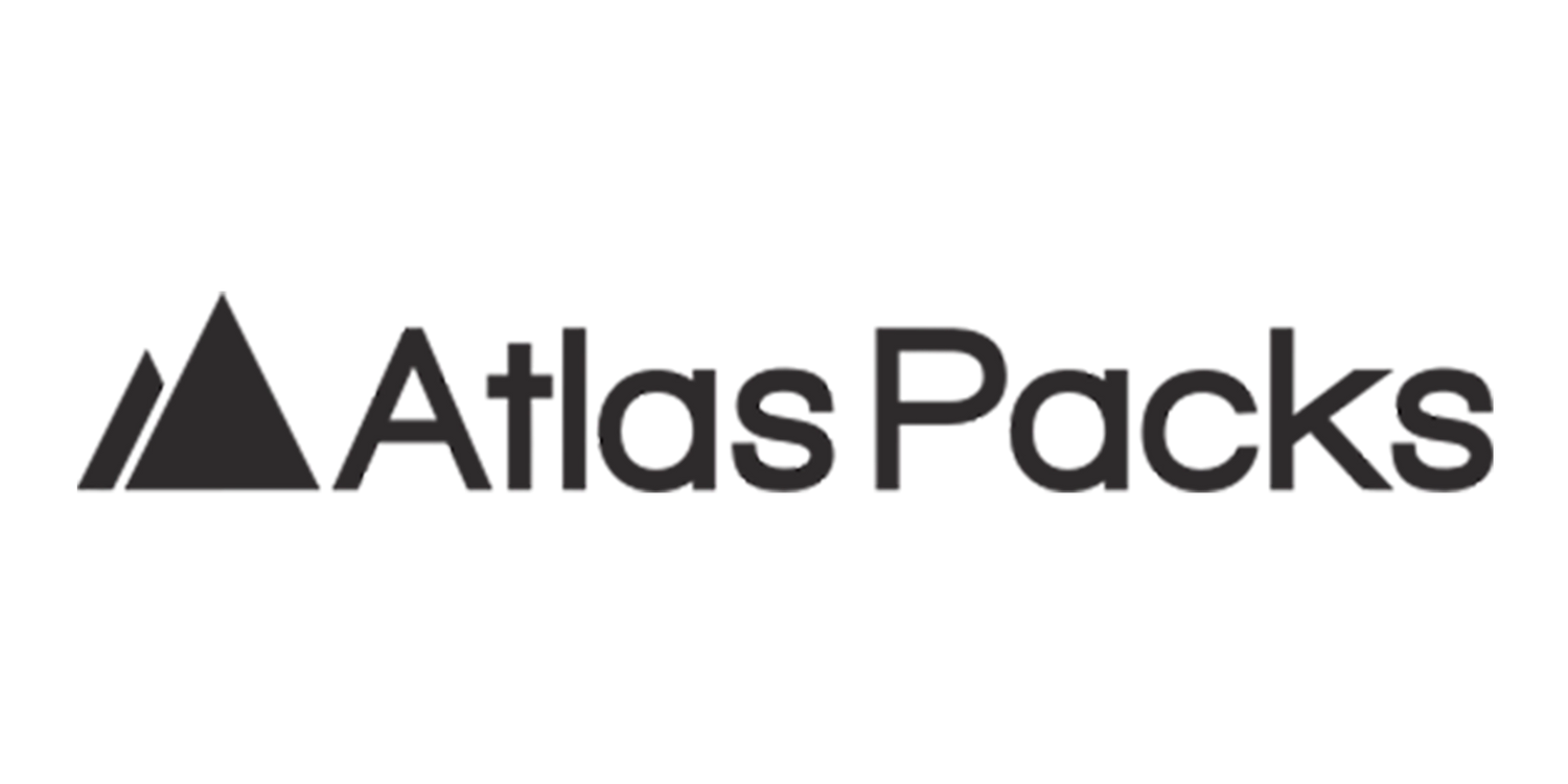 Atlas Packs minimalist logo design with mountain peaks in black.