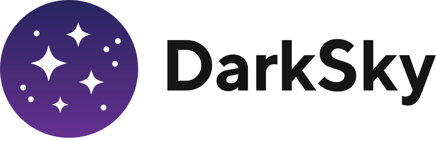 Dark Sky logo featuring purple circle with white stars and black text.