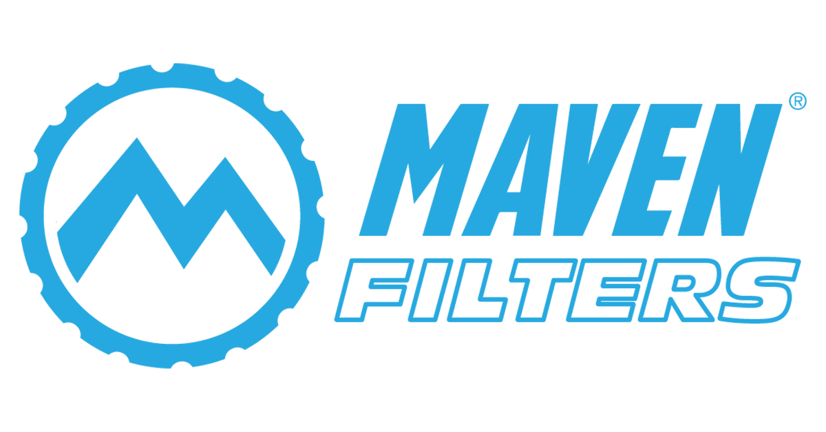 Maven Filters logo with blue circular mountain icon and bold text.