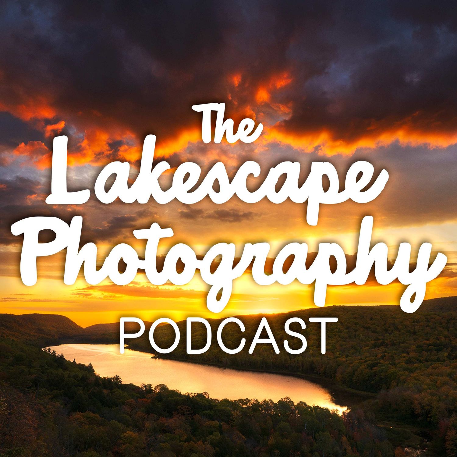 Podcast cover art featuring dramatic sunset over a lake with white text overlay against orange sky.