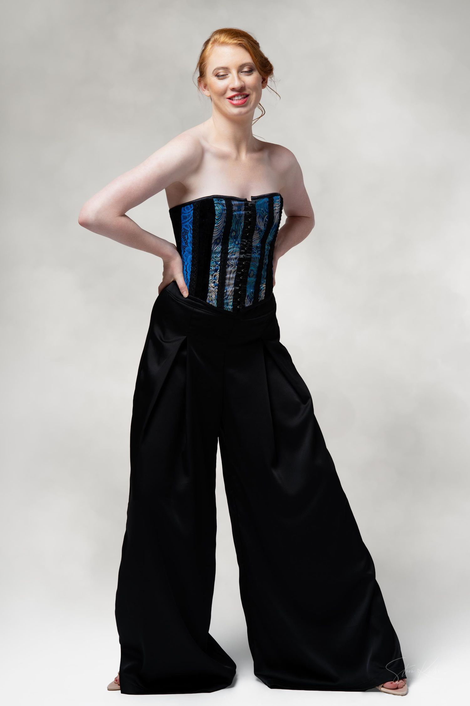 Creative fashion photo sequence showing transformation of formal dress into wide-leg pants against white background.