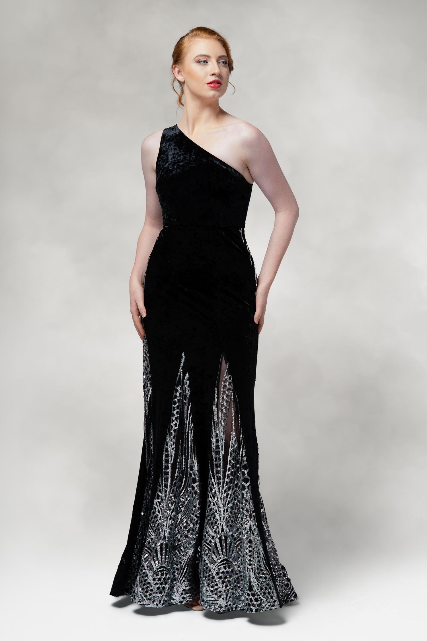 Long black dress with silver embroidered pattern at hem shown at multiple angles against white background.