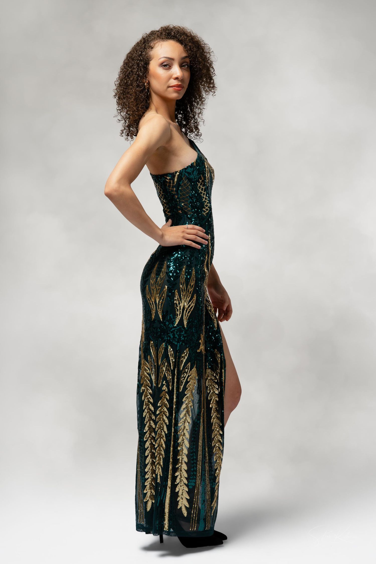Model in an elegant black evening gown with gold leaf pattern stands in profile against grey background.