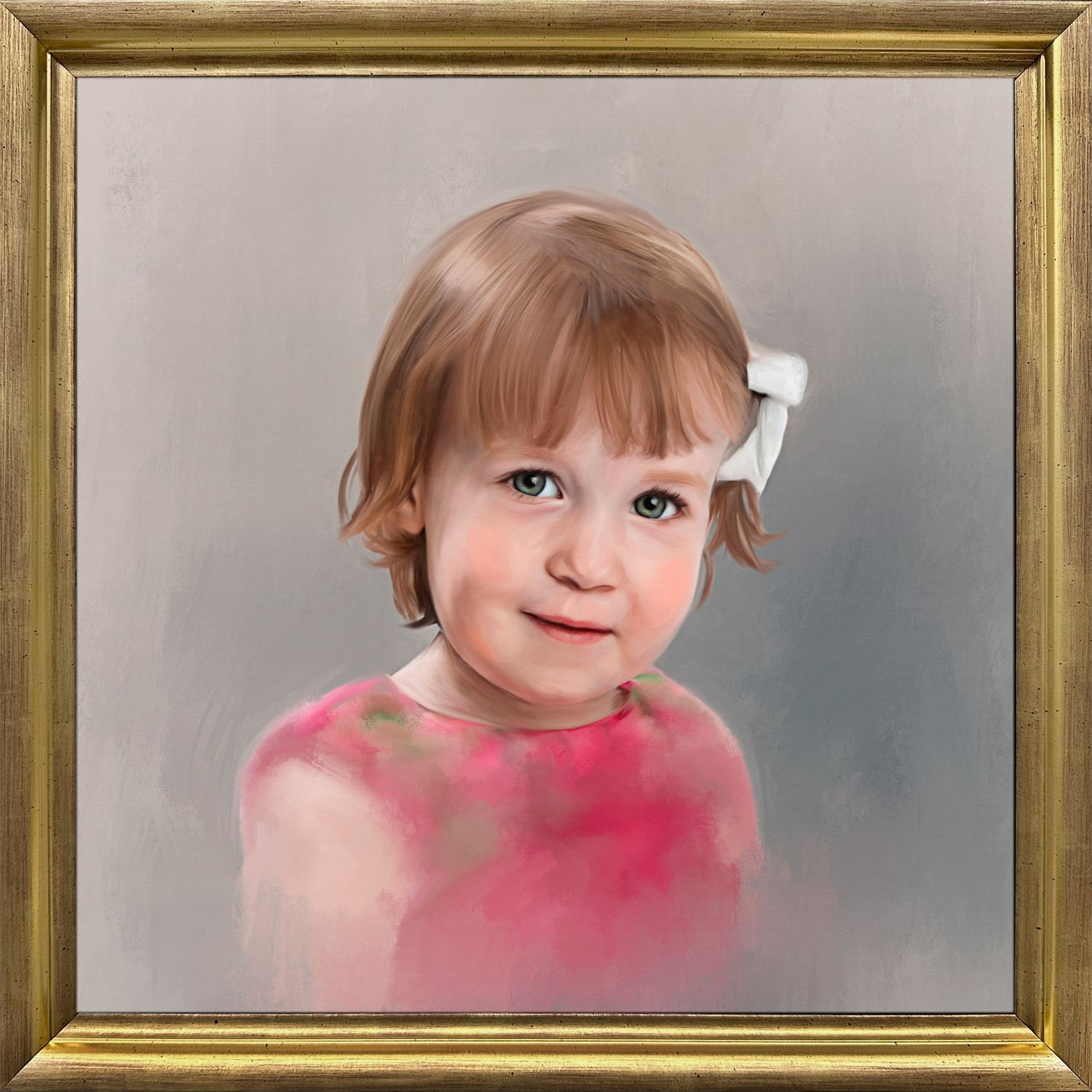 Head & shoulders painted portrait of a toddler girl with impish smile and pink top. Displayed in a simple gold frame.