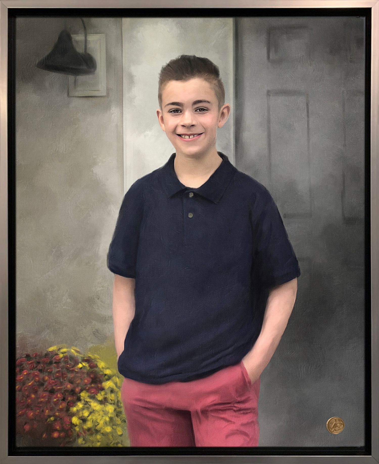 Portrait painting commission of a young boy wearing a navy polo shirt and red pants, standing outside his front door.