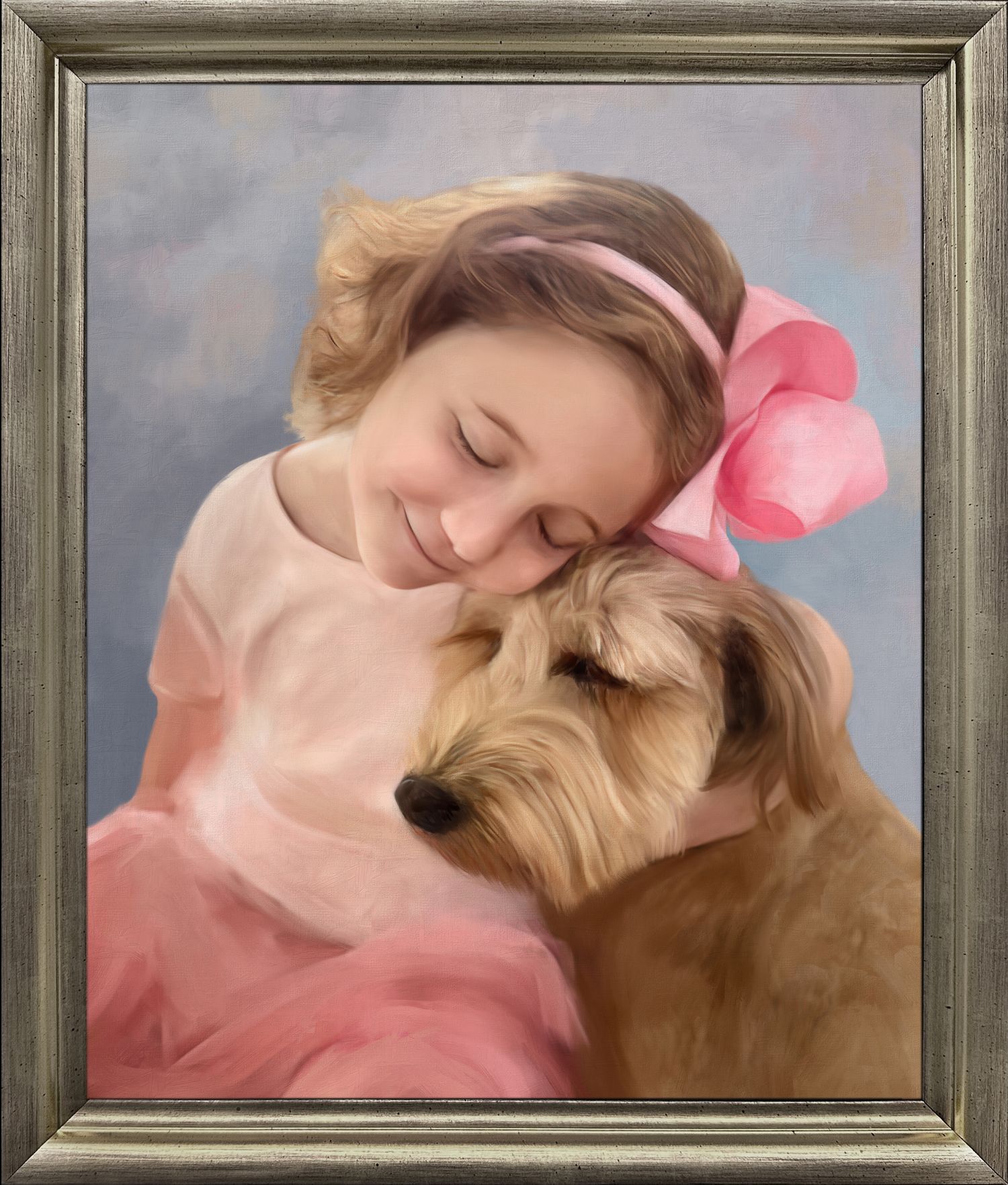 A painted portrait of a tender moment between a dog companion and little girl, in soft pink tones.