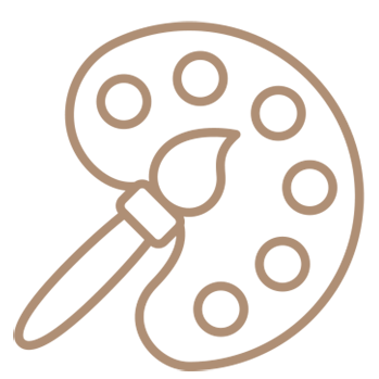 Simple gold graphic of a painters palette and artist brush.