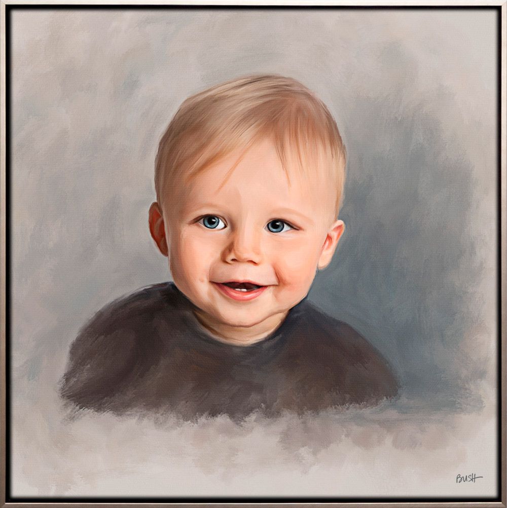 Head & shoulders baby portrait painting of a little boy in soft painterly style.