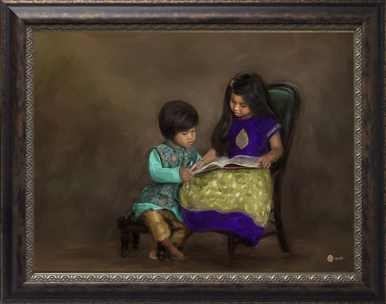 A painted portrait of two children reading a book together, wearing colorful formal clothing, in a low key setting.