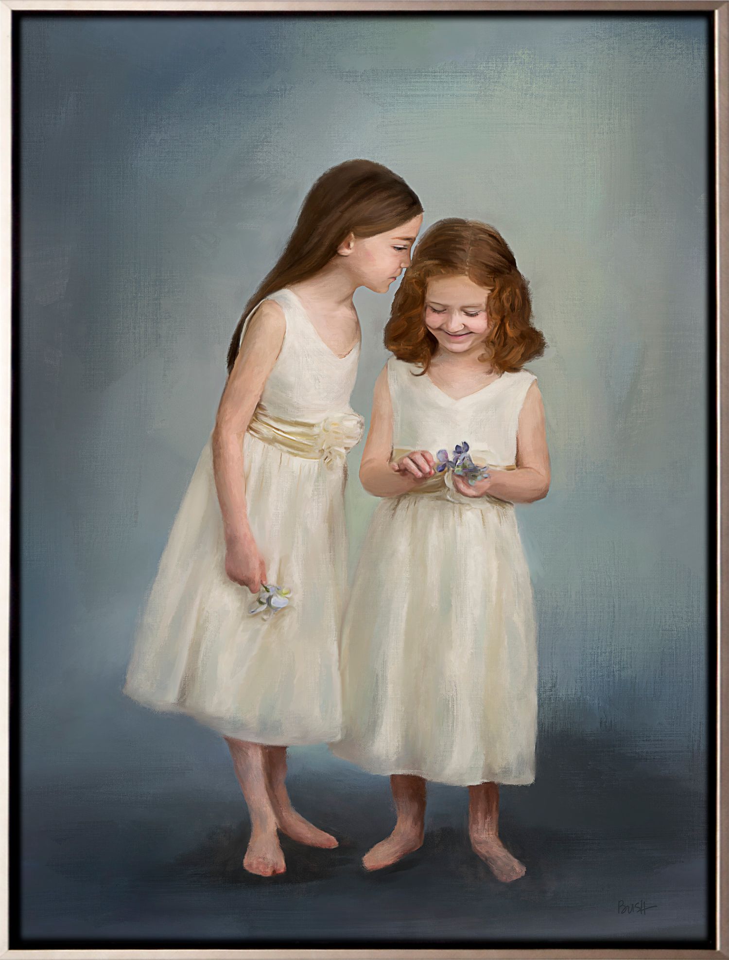 Painted portrait of two sisters in matching dresses, quietly sharing a secret conversation.