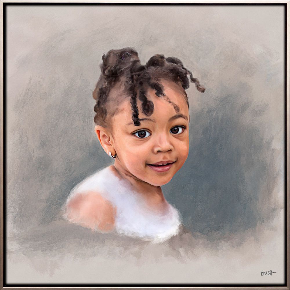Artistic portrait painting of a toddler girl against painterly background.