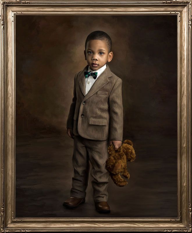 A formal painting commission of a 3 year old boy in a brown suit holding a teddy bear.
