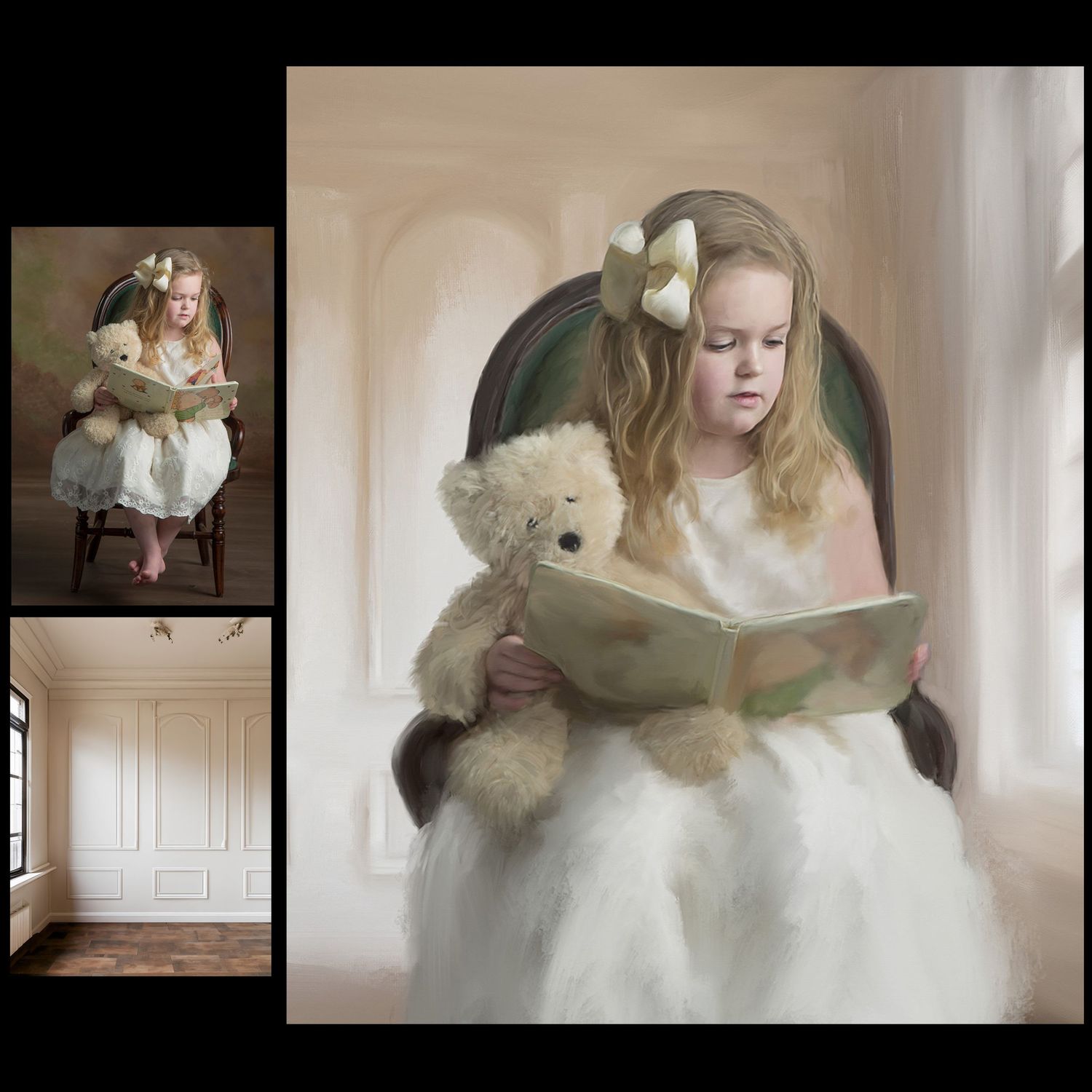 Before and after compositing multiple source images into a lovely painting of a young girl reading a book with a teddy bear by the window.