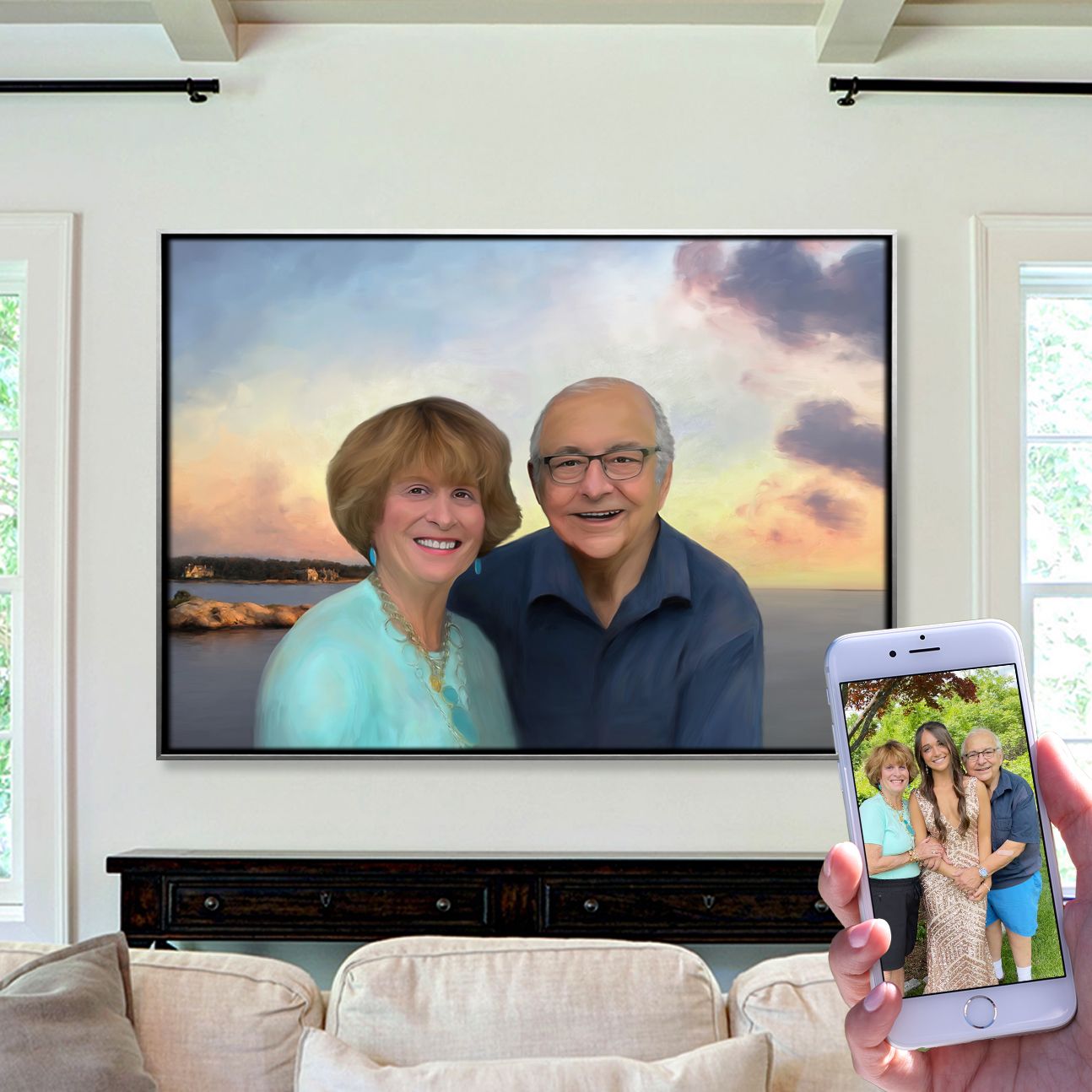 Before and after portrait painting commission of a couple placed in front of a favorite location and colorful evening sunset sky.