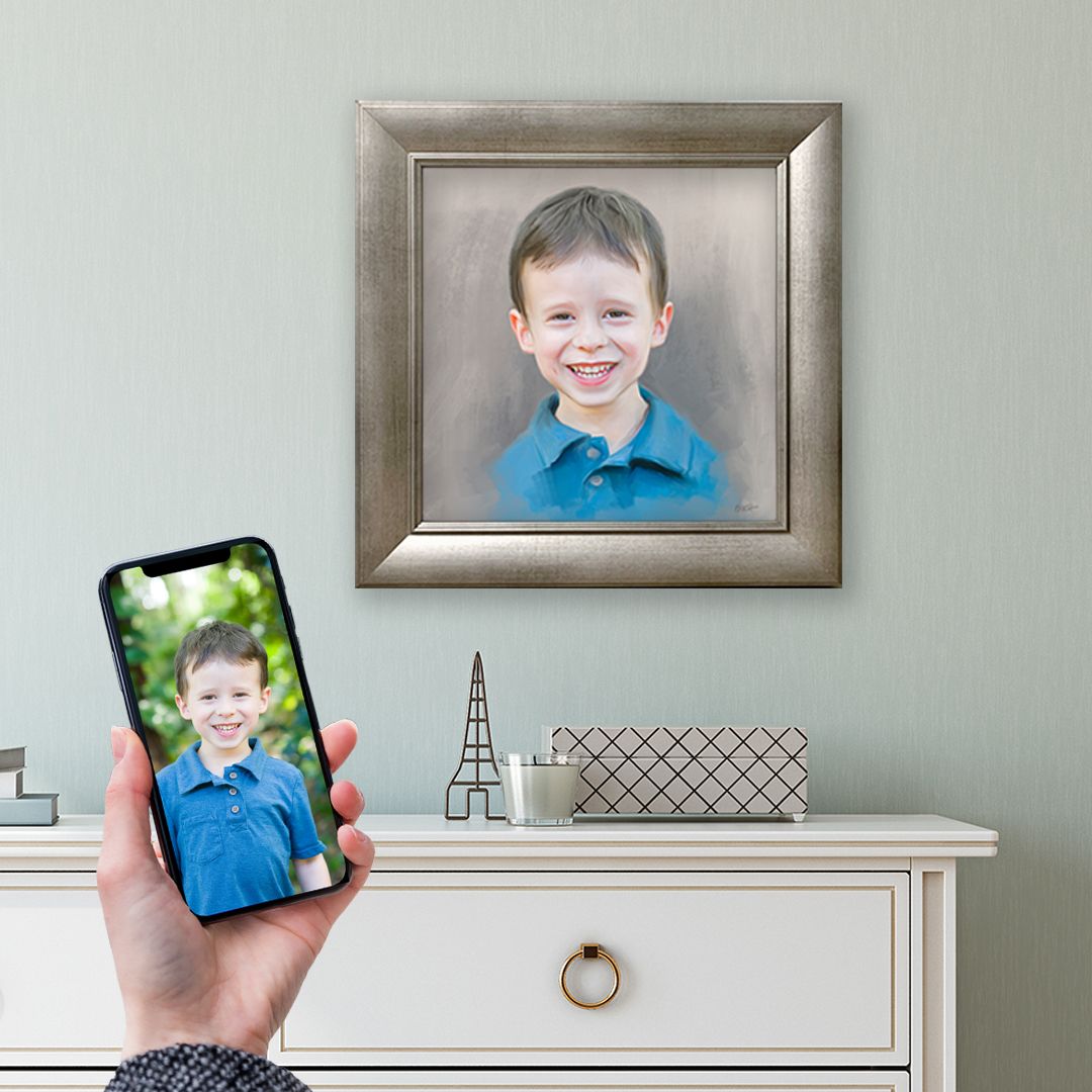 Before and after view of a young boy's head & shoulders portrait painting.