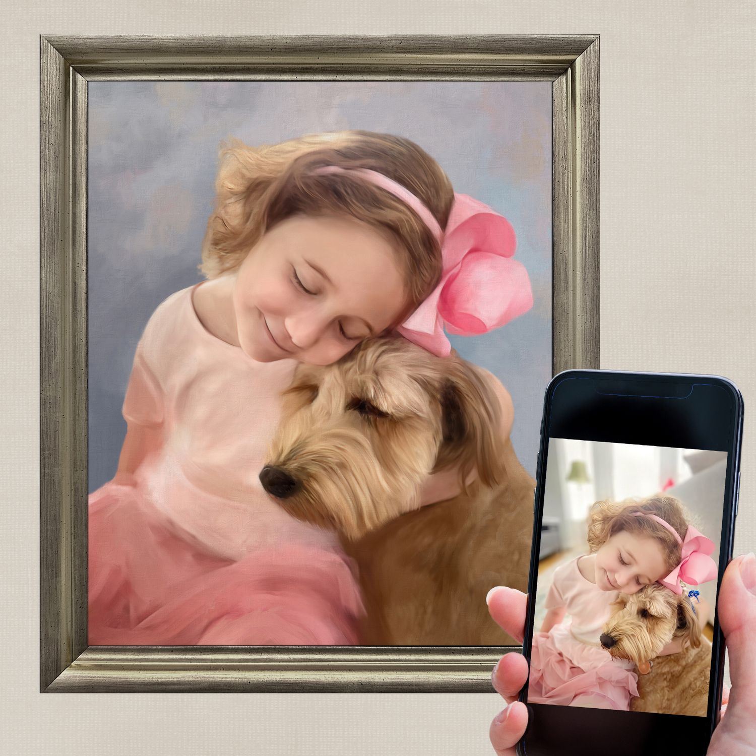 Painted portrait of a young girl cuddling with her golden doodle dog, shown next to reference photo.