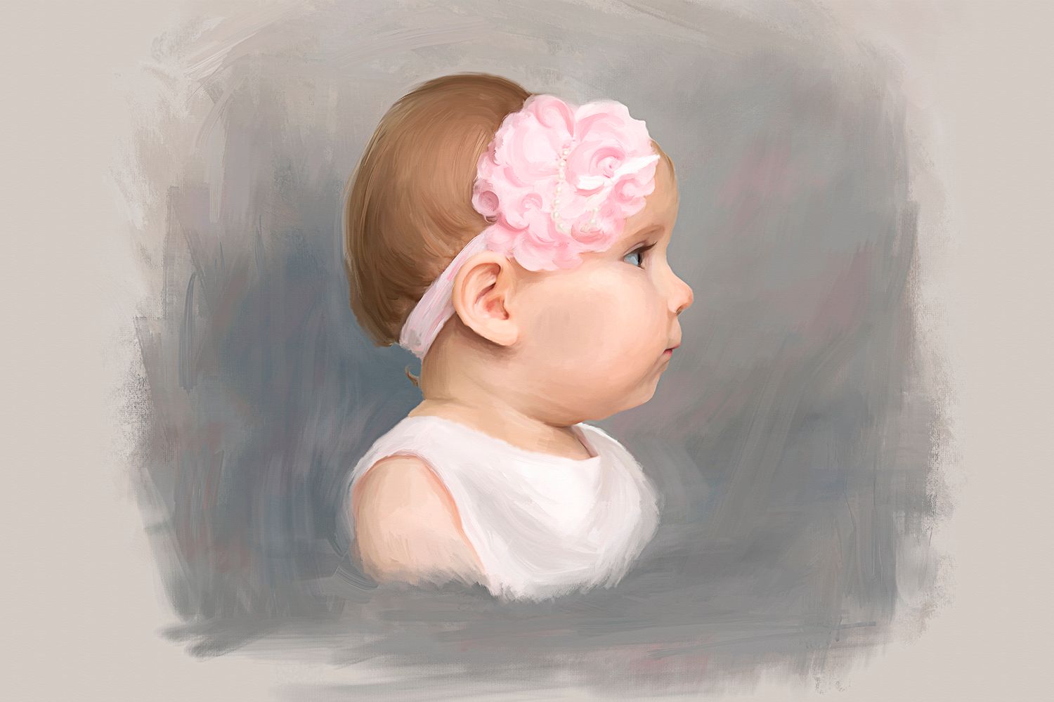 Artistic baby portrait painting, head and shoulders, in soft pastel tones.