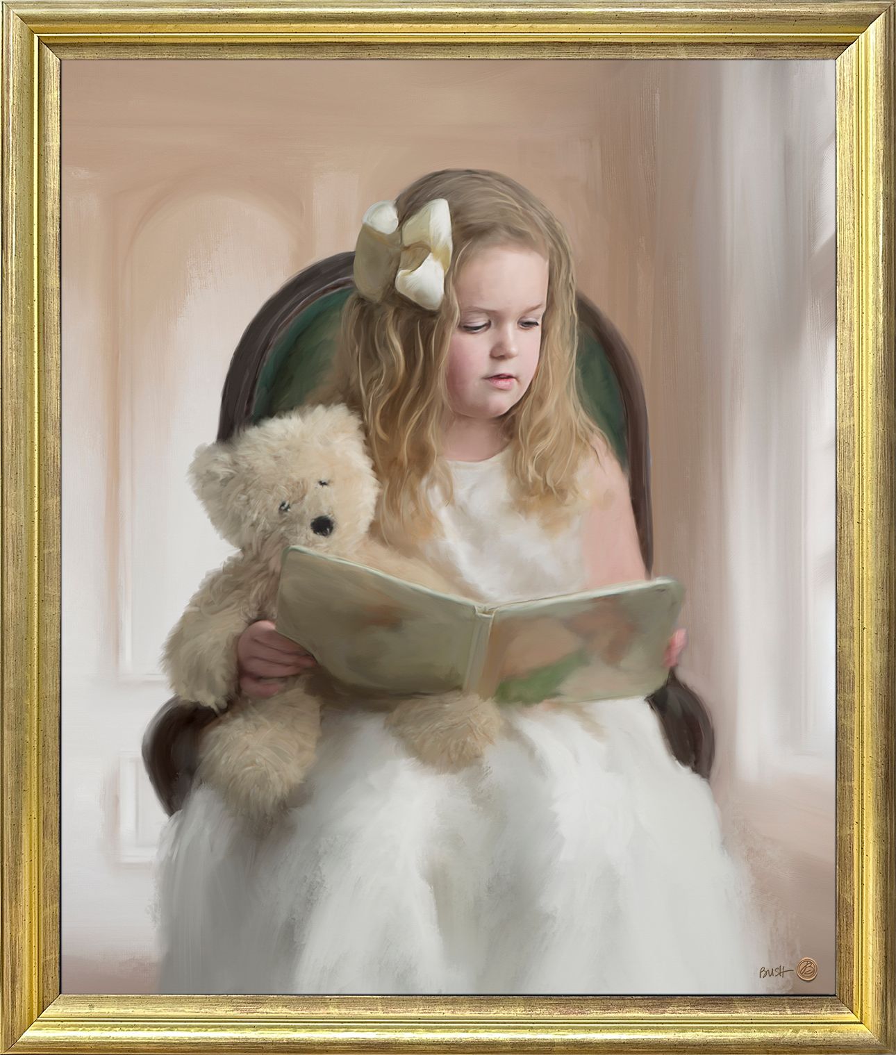A painting commission depicting a young girl reading a book next to a window, holding teddy bear.