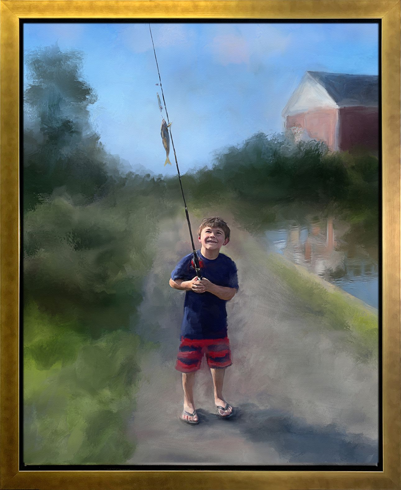 A framed and finished painting commission of a little boy catching his first fish.