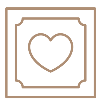 Simple gold graphic of a heart inside a frame.