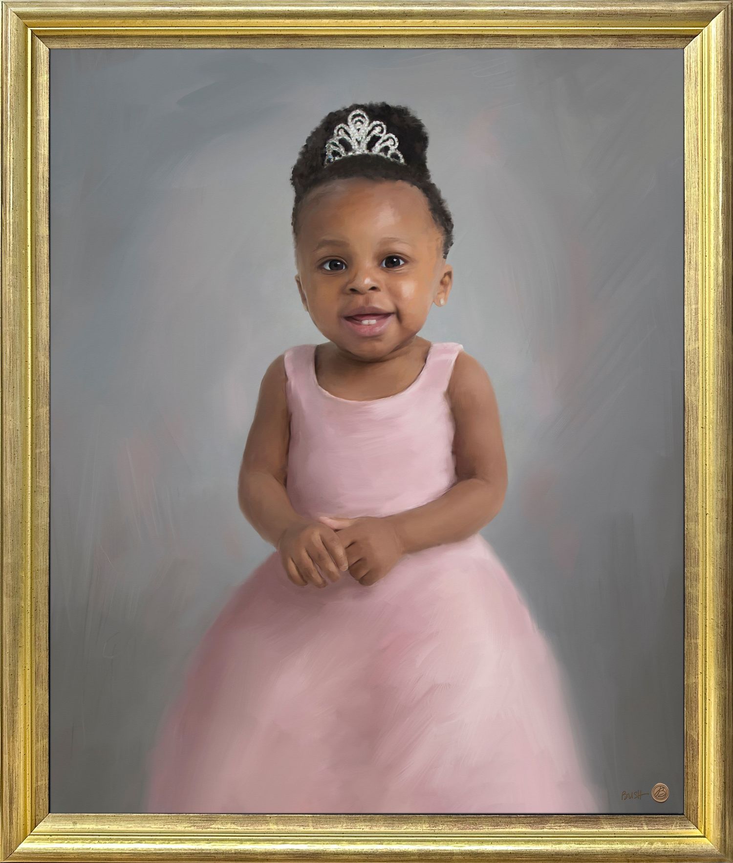 Portrait painting of a toddler girl wearing a pink dress and sparkly tiara against a muted backdrop.