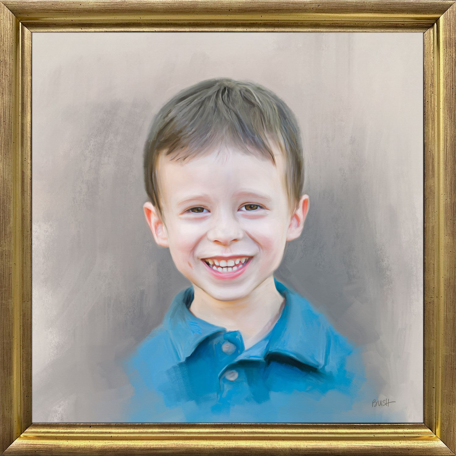 Head & shoulders painted portrait of a young boy with handsome smile and blue top. Displayed in a simple gold frame.