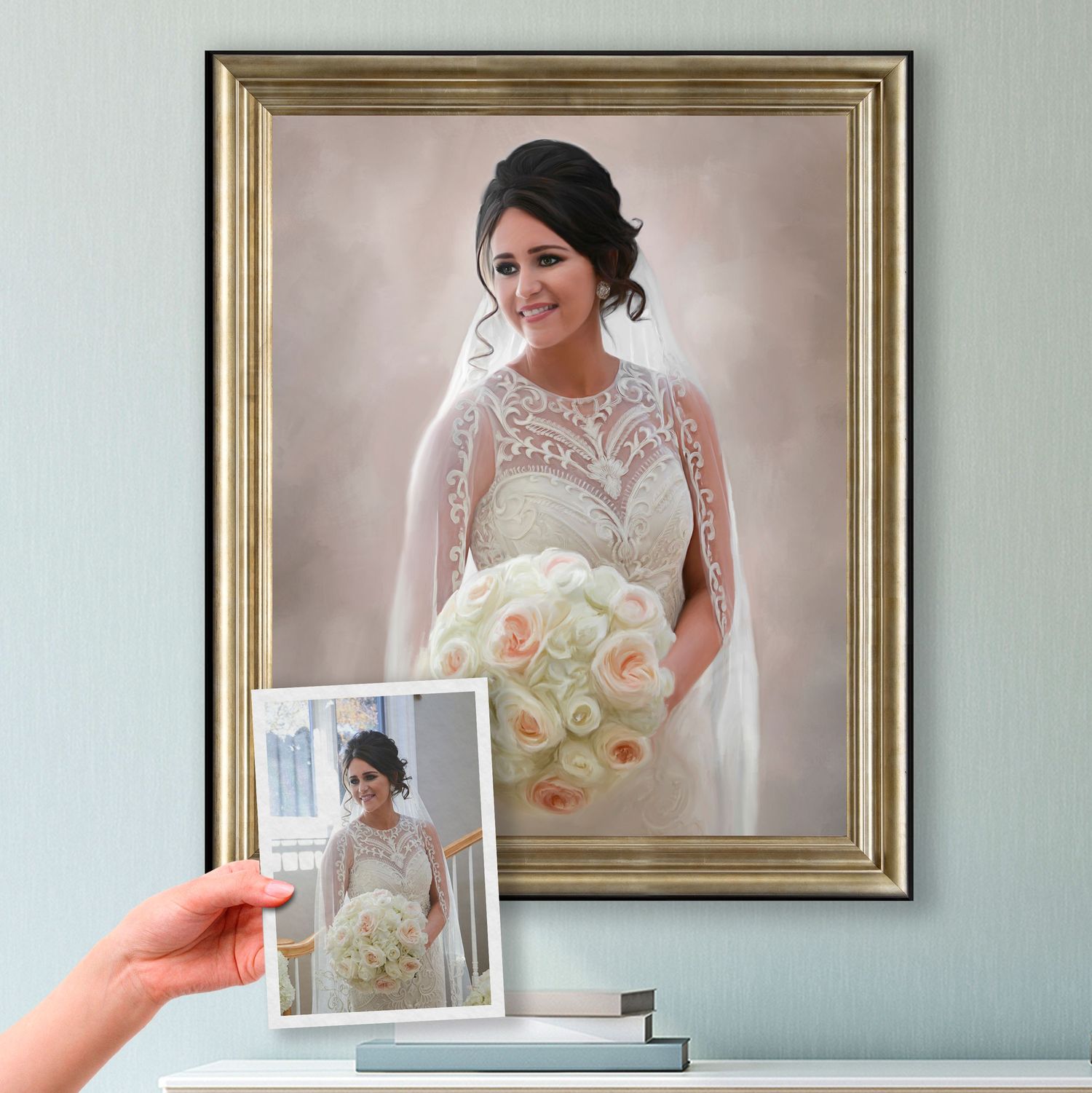 A bridal portrait painting in gold frame, created from a snapshot in her gown. The original source photo also shown.