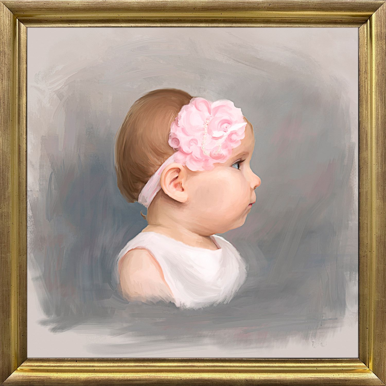 Head & shoulders painted portrait of a baby girl, in profile. Displayed in a simple gold frame.