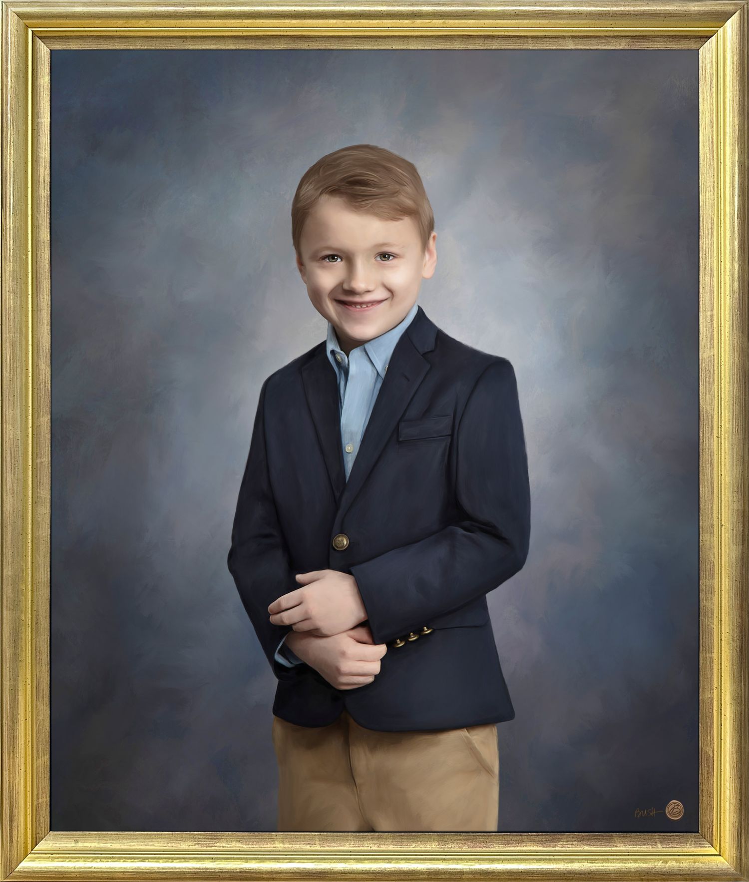Formal portrait painting of a handsome young boy in a navy blazer and light blue dress shirt against a blue-gray background.