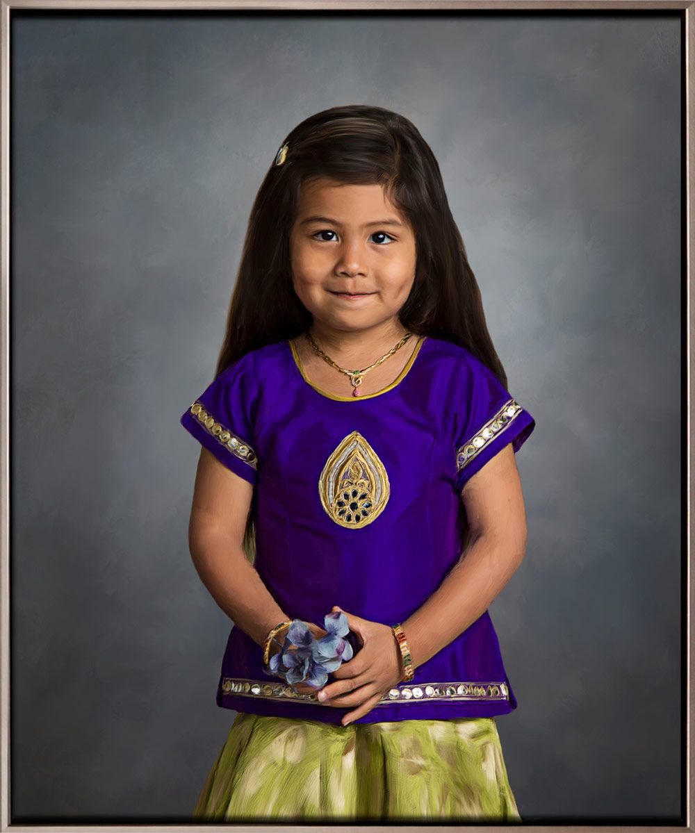Formal 3/4 length painted portrait of a girl against painterly background wearing rich purple jewel tones and vivid yellow.