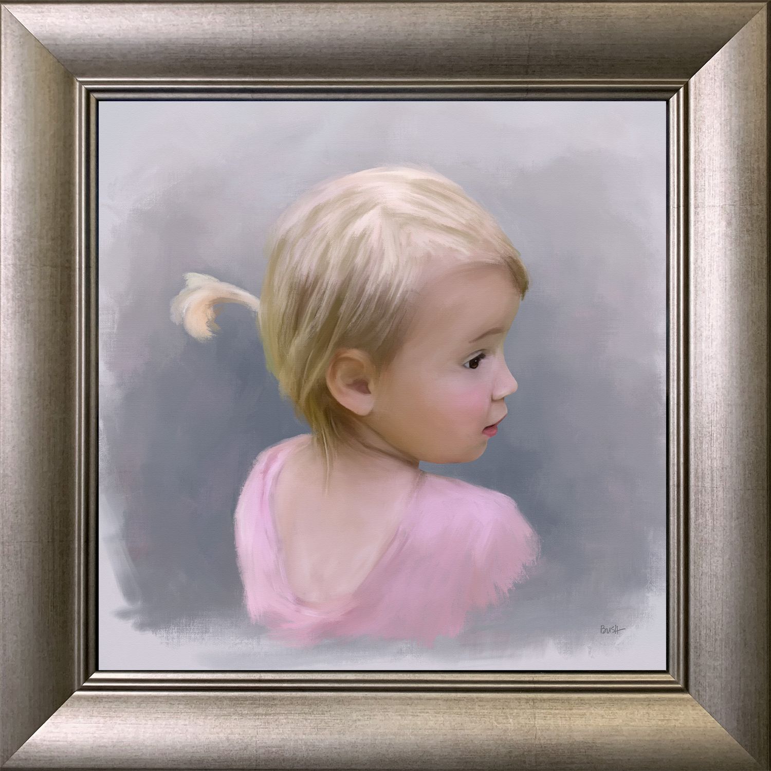 Framed portrait painting of a young girl in pink against a soft grey painterly background.