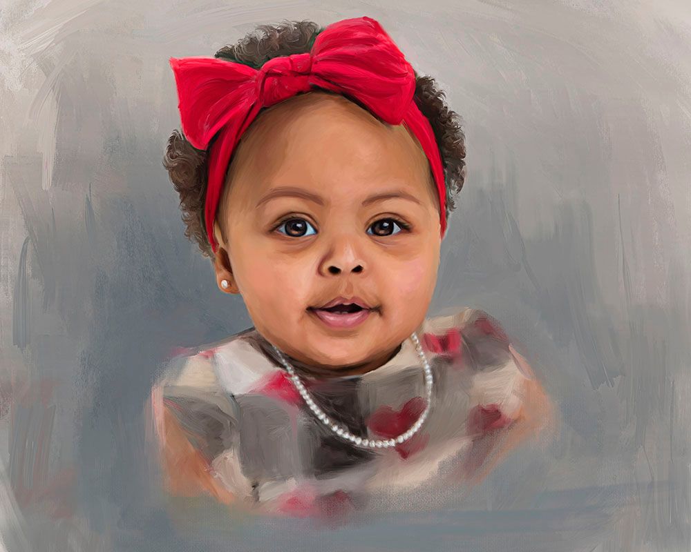Artistic portrait with bright red bow headband against soft gray background.