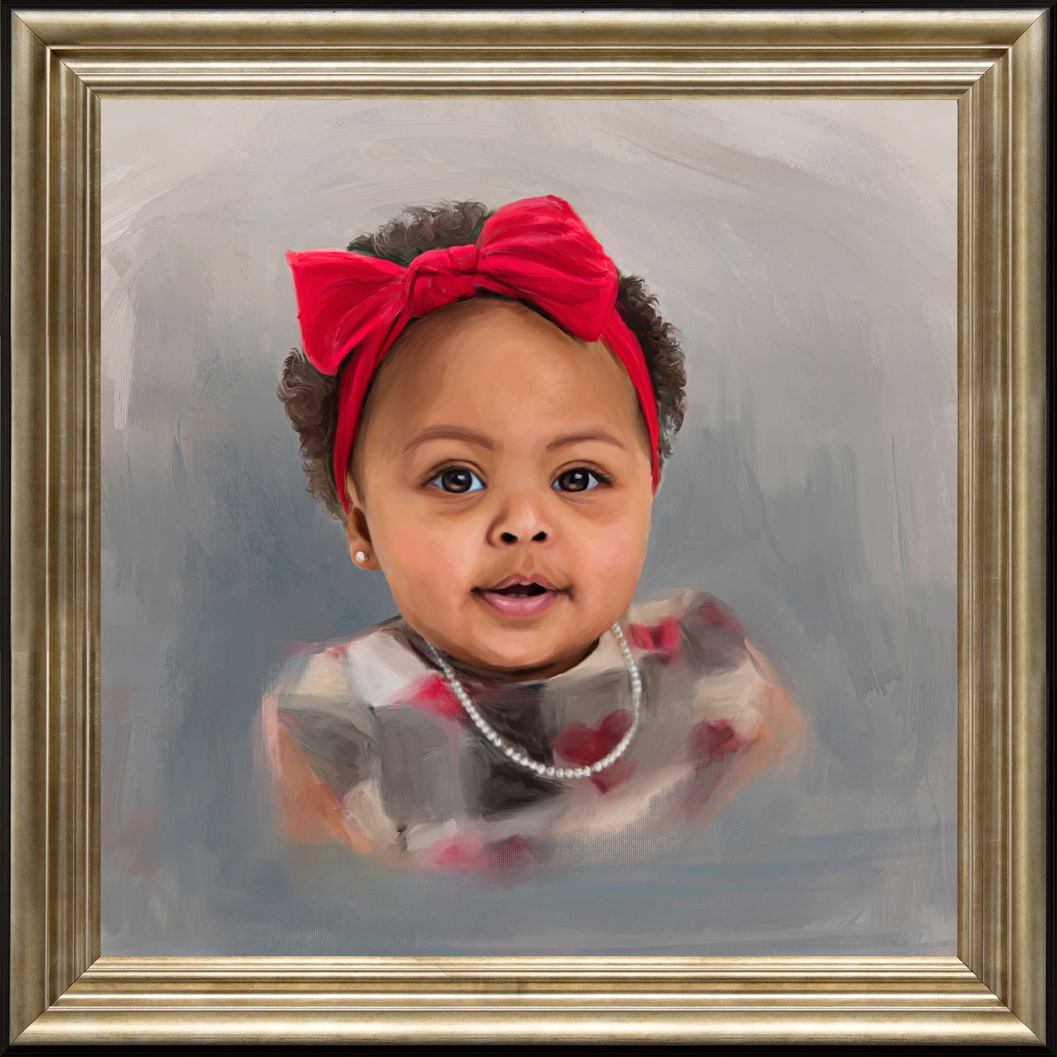 Head & shoulders portrait in alla prima style of a child wearing a bright red bow and set of pearls.