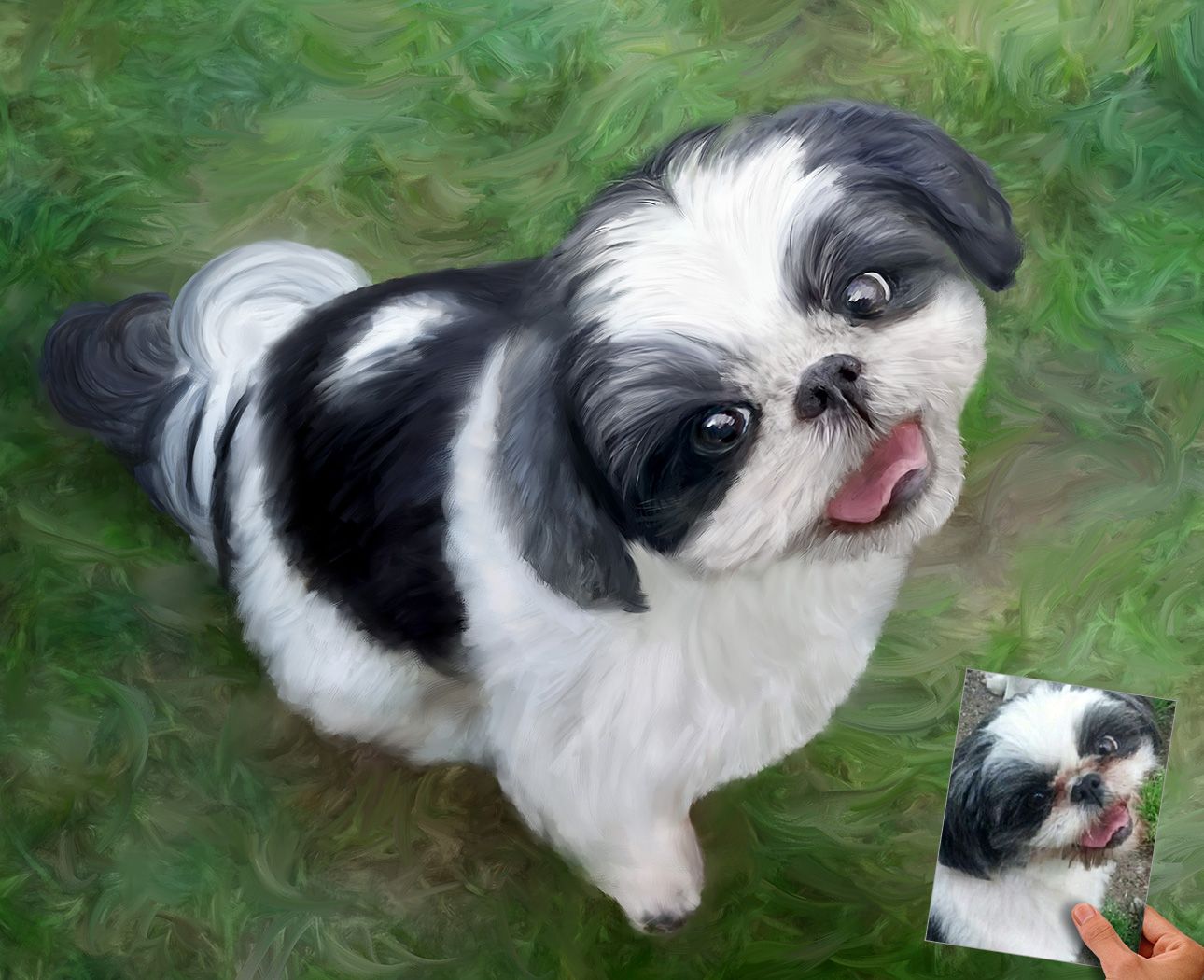 A memorial pet portrait commission of a black and white dog, next to the original low resolution source photo.