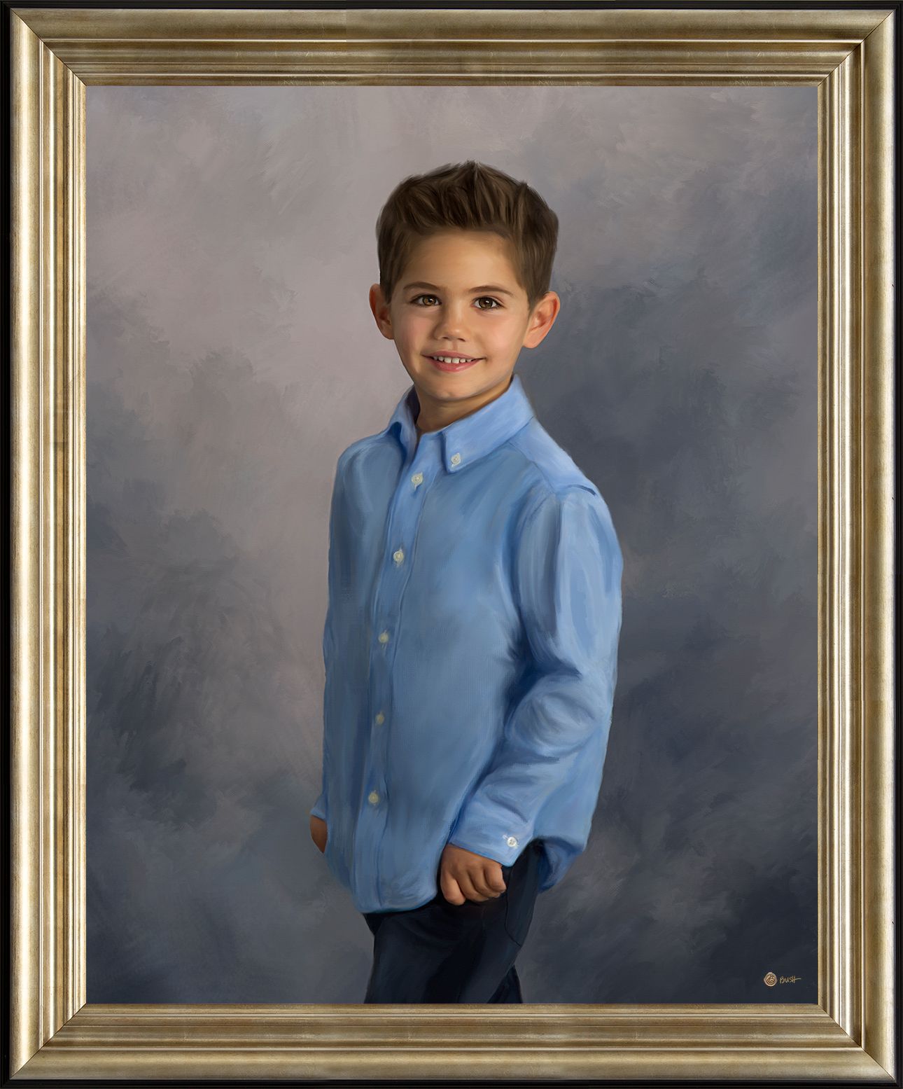 A painting commission depicting a young boy confidently standing and has a warm soft smile.