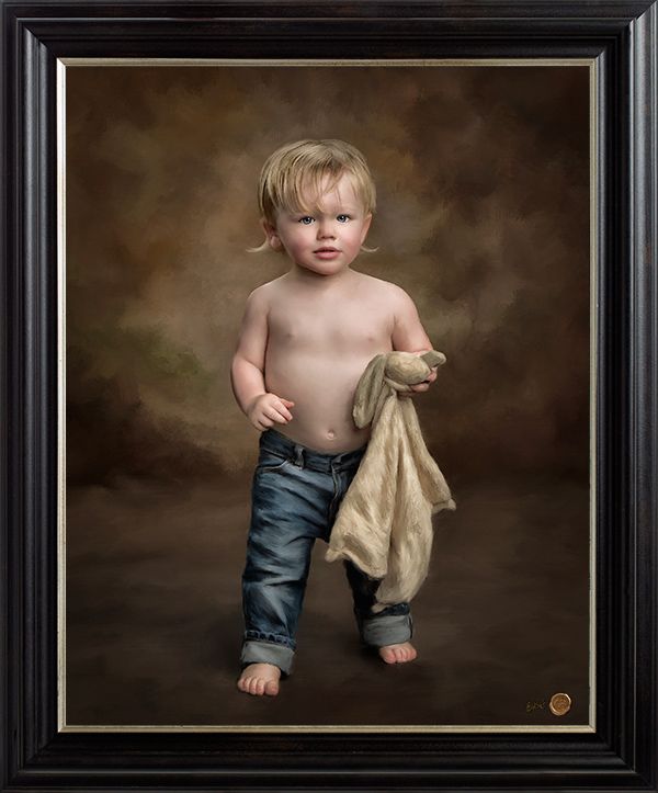 Portrait painting of a toddler in bare chest and rolled jeans holding blanket against dark brown background.