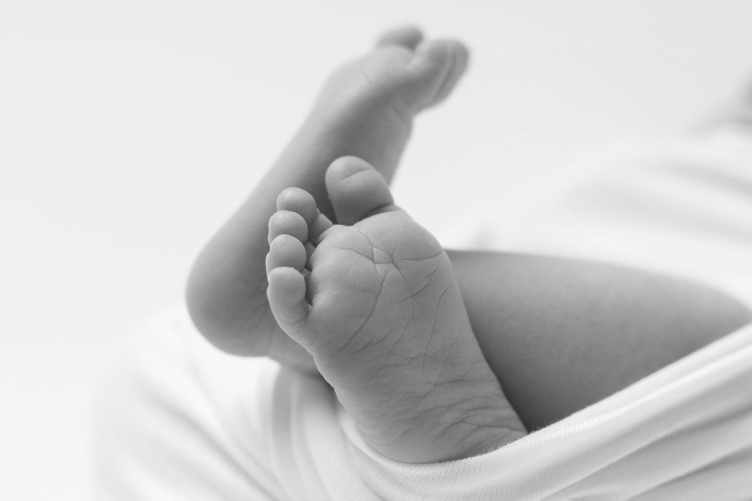 Close up black and white photo of tiny newborn baby feet wrapped in soft white blanket.