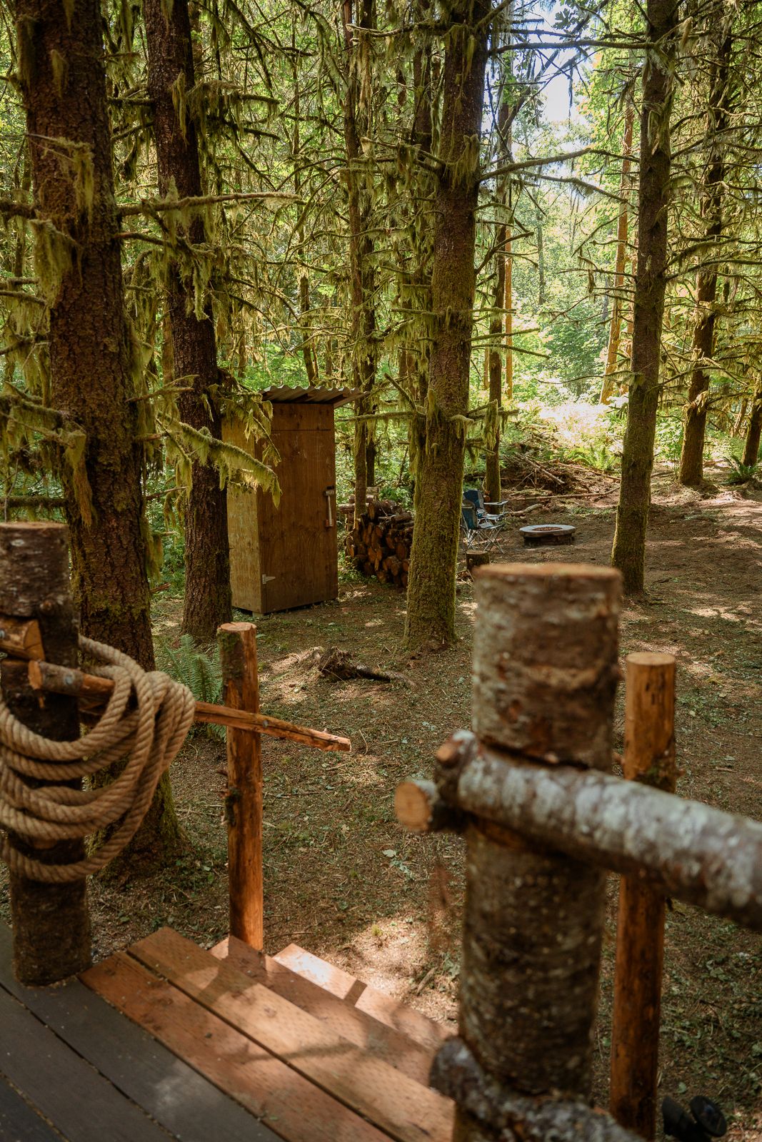 Wooden walkway and railing leading to rustic cabin entrance in dense forest.