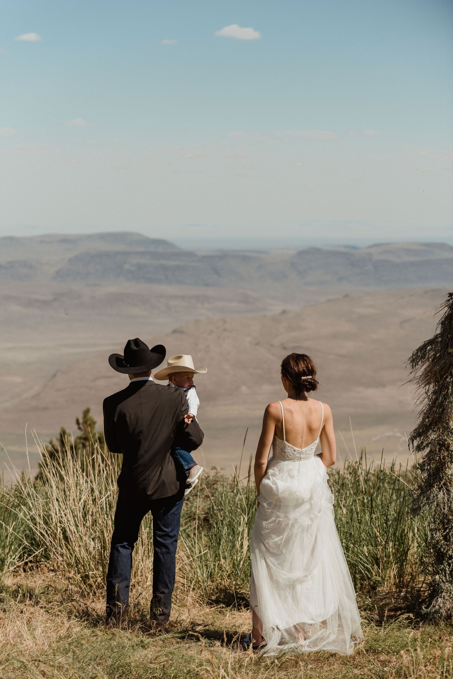 A wedding party stands at a scenic overlook with expansive desert mountain views in the background.