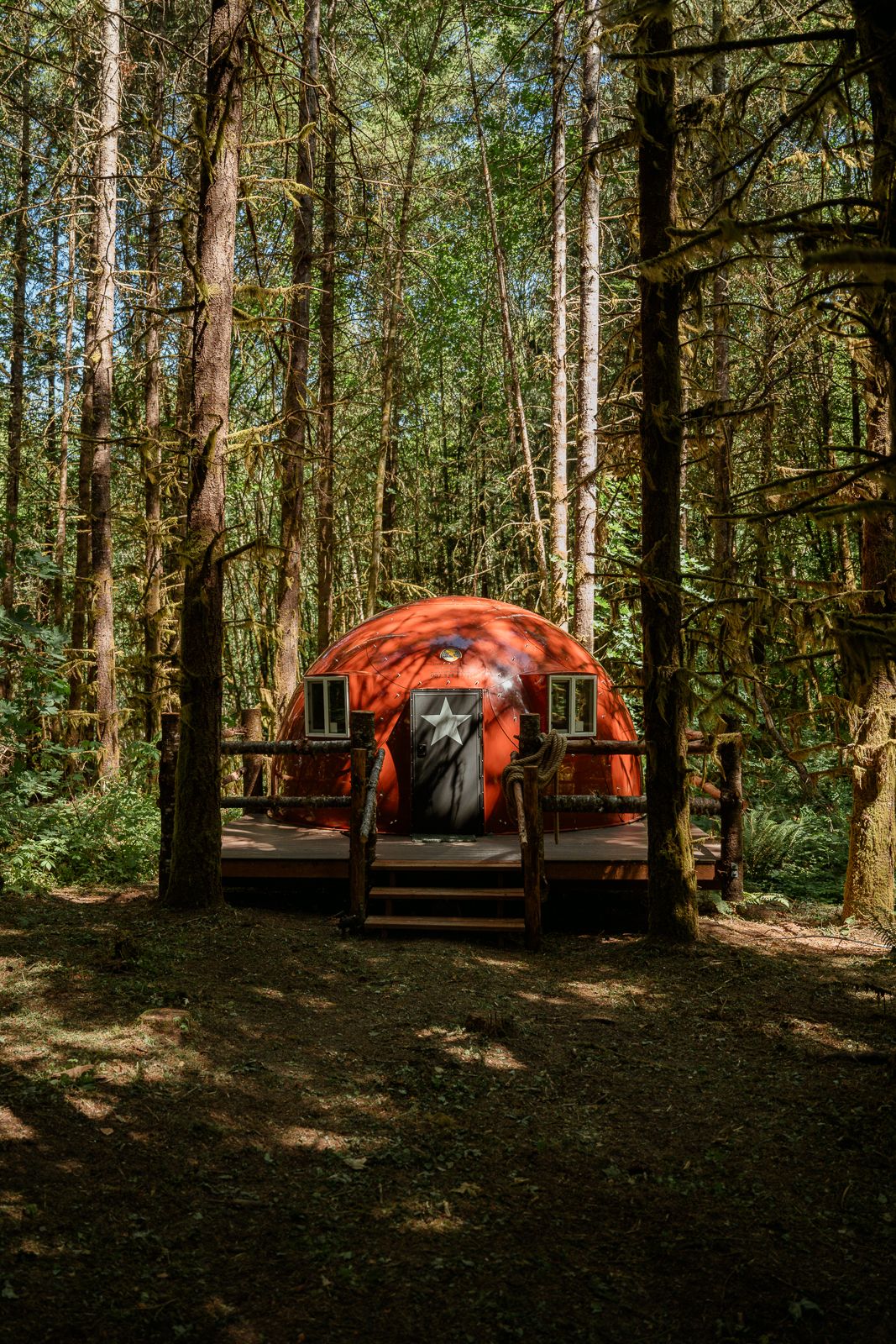 Red yurt-style structure with star door nestled in dense Pacific Northwest forest.