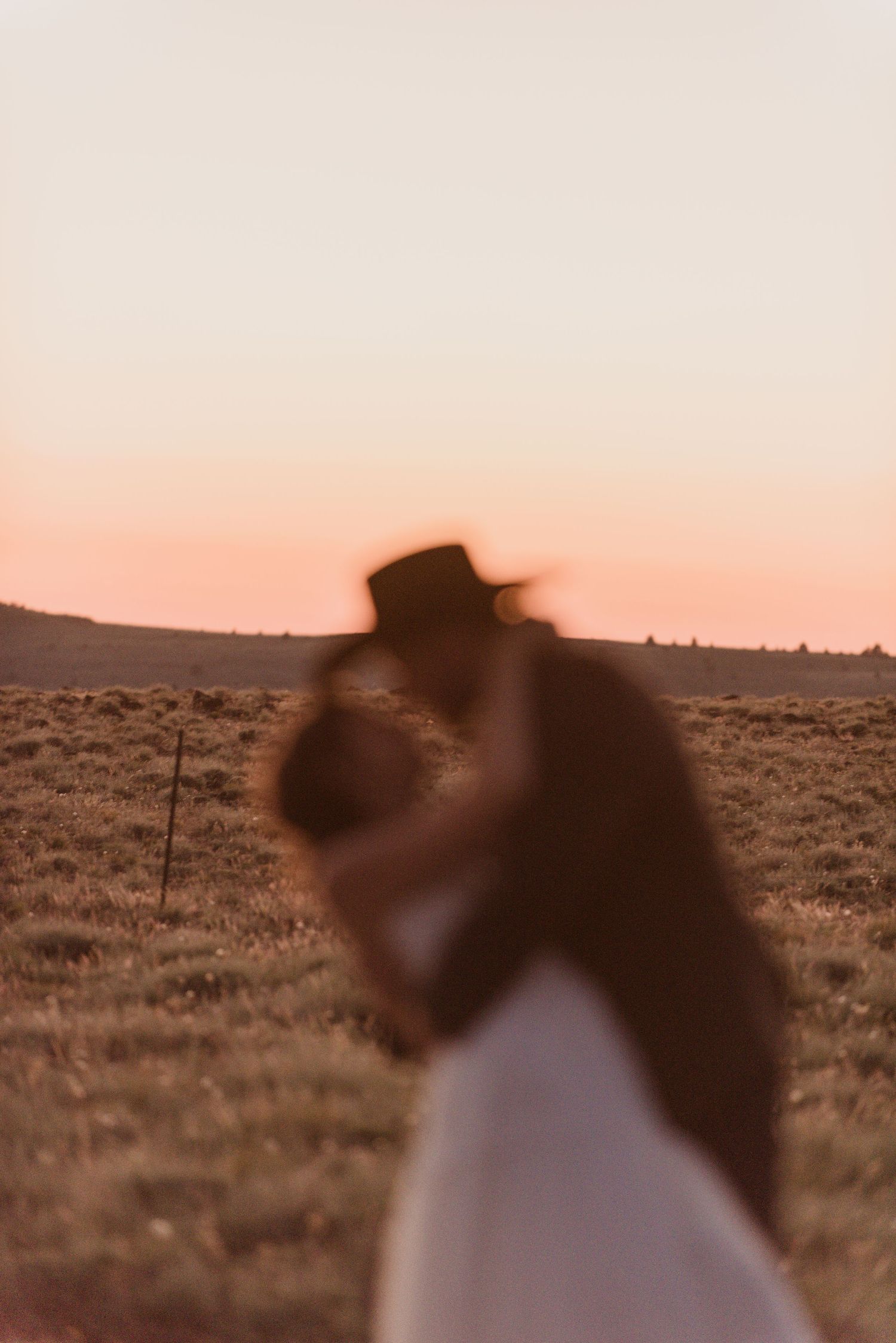 A silhouetted couple embraces against a sunset desert landscape.