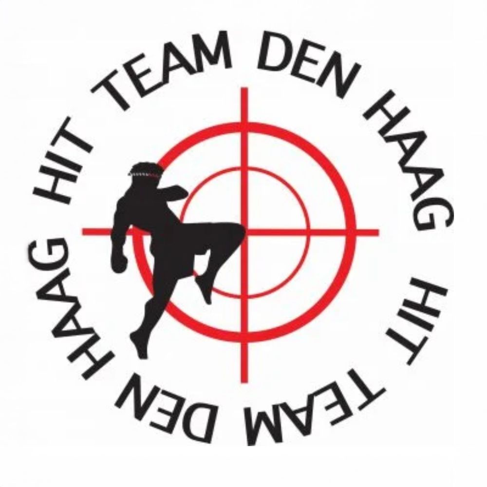 Circular black and red logo showing a silhouetted figure with 'Hit Team Den Haag' text and crosshair design.