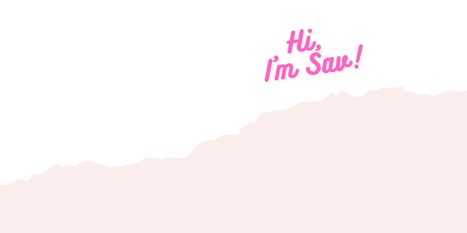 Simple illustration showing pink stylized text reading 'Hi, I'm Sam!' against a white and light pink background.