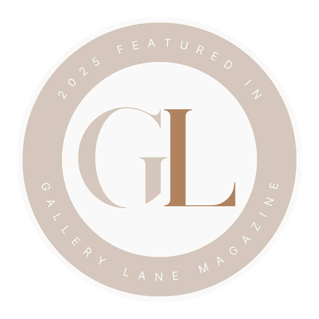 Gallery Lane Magazine's elegant circular logo design in beige and brown with 'GL' and 'FEATURED IN' text.