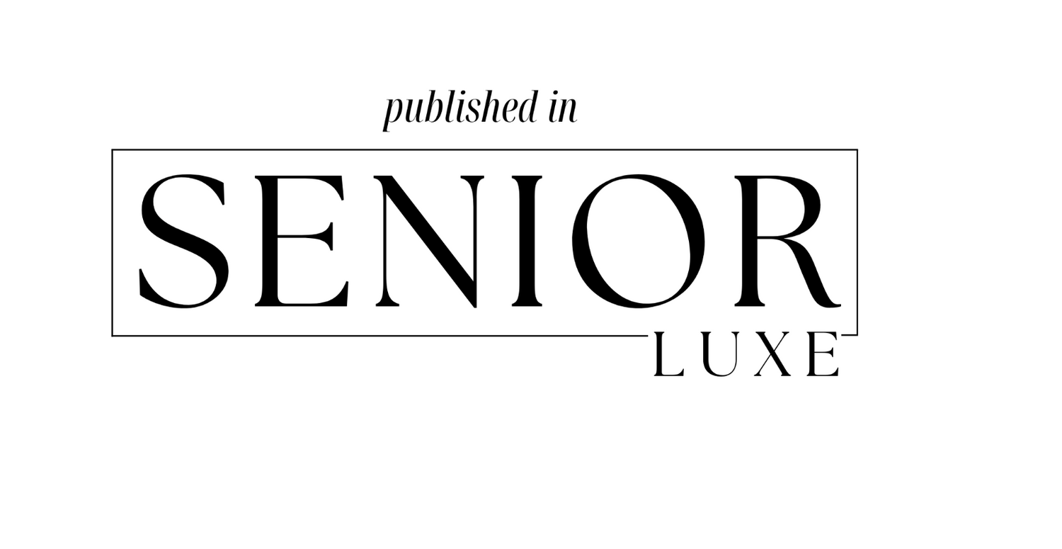 Black text logo for Senior Luxe magazine showing published in above the main title in a minimalist design.