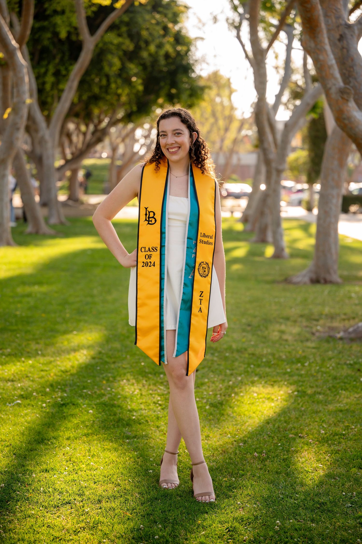 Graduate in a blue dress and yellow graduation stole standing on grass in front of trees during golden hour.