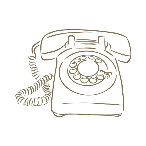 Simple line drawing of a vintage rotary telephone with spiral cord in a minimalist brown sketch style.
