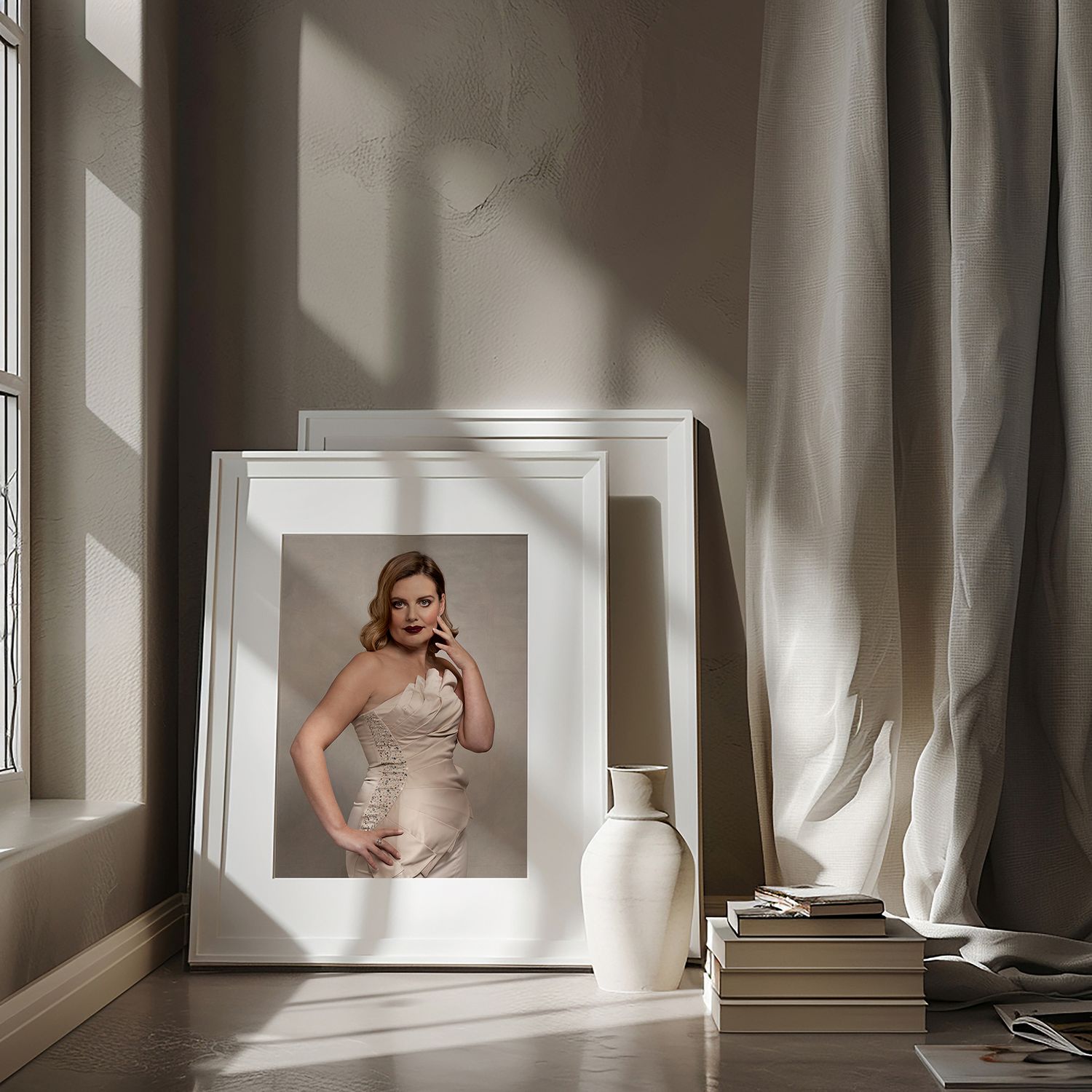 Portrait in a white frame leaning against wall with vase and books in soft natural window light.