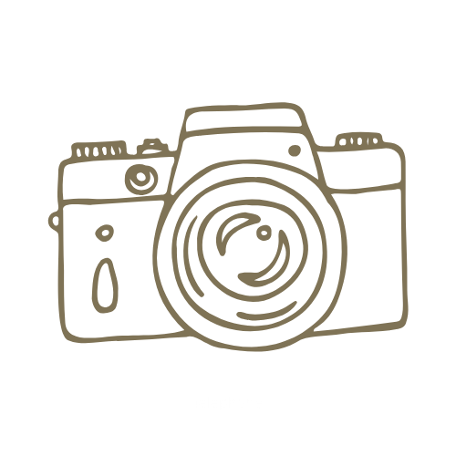 Minimalist hand-drawn illustration of five vintage cameras in a row depicted with simple line art style.